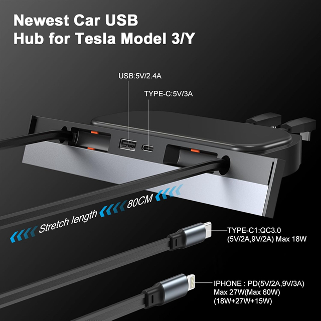 USB Hub Fast Phone Charger For Tesla Car Model 3 Model Y-Waterproof Design